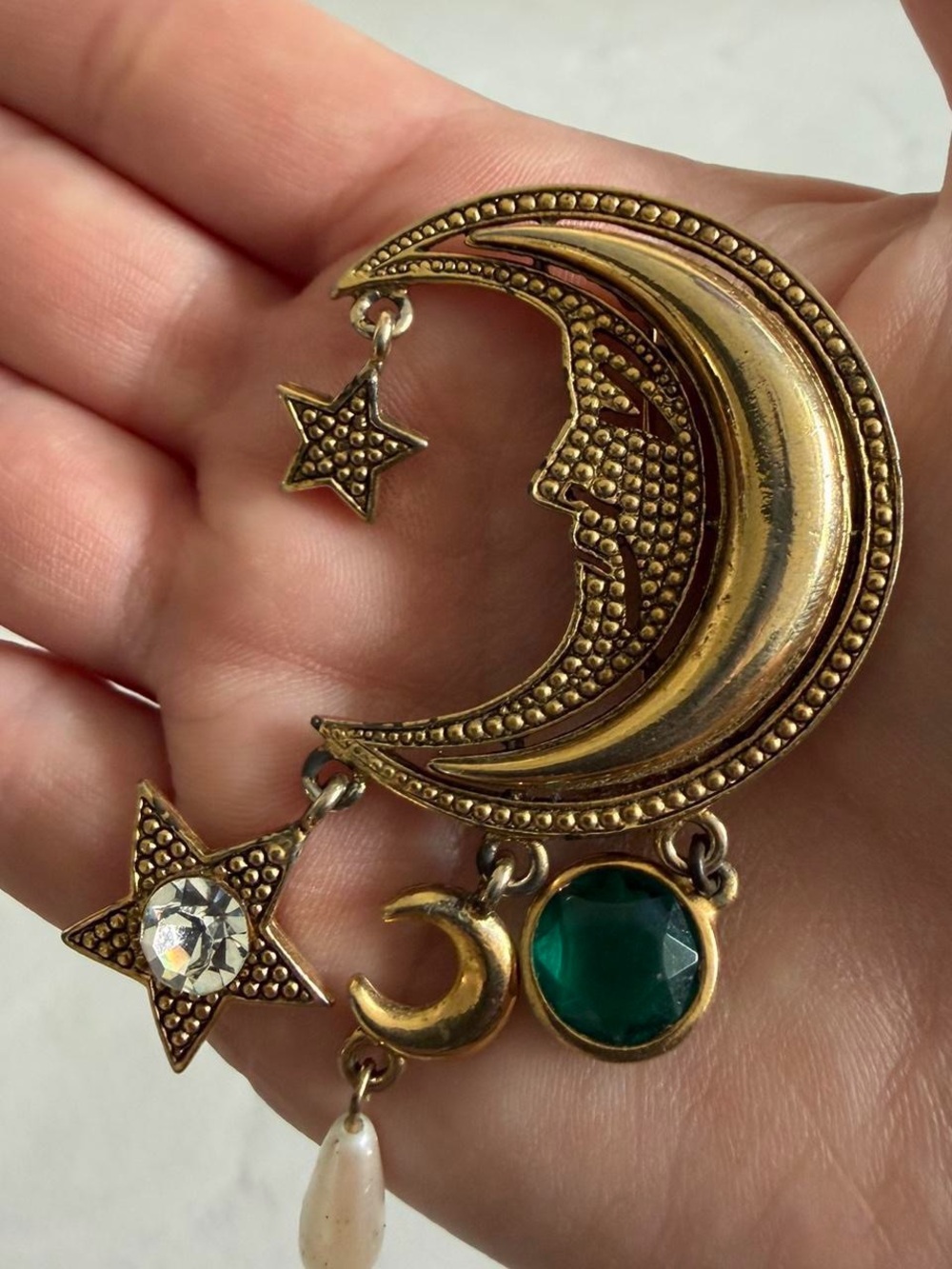 Gold Moon & Star Dangle Pendant with Green Stone